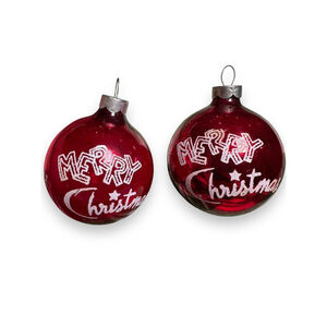 Vintage Christmas Ornament Red Glass Ball Merry Christmas Stencil Set Of 2